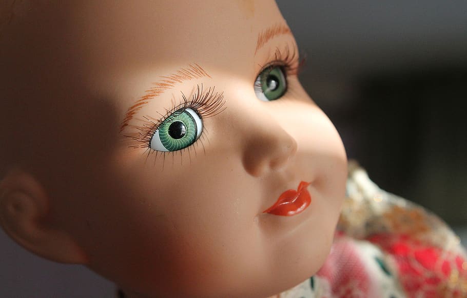 boneca, olhos, rosto, bonito, retrato, maquiagem, porcelana, cílios, verde, olhos verdes
