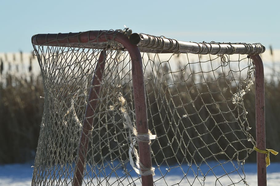 gray, black, goal, hockey net, ice, pond, sports, winter, outdoors, frozen
