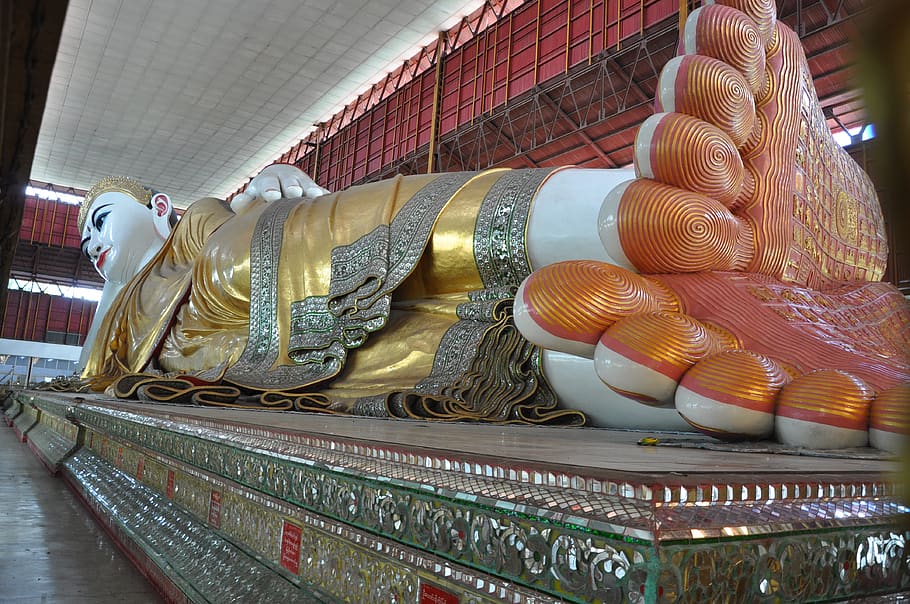 buddha, lying, rangoon, myanmar, built structure, belief, religion, architecture, spirituality, place of worship