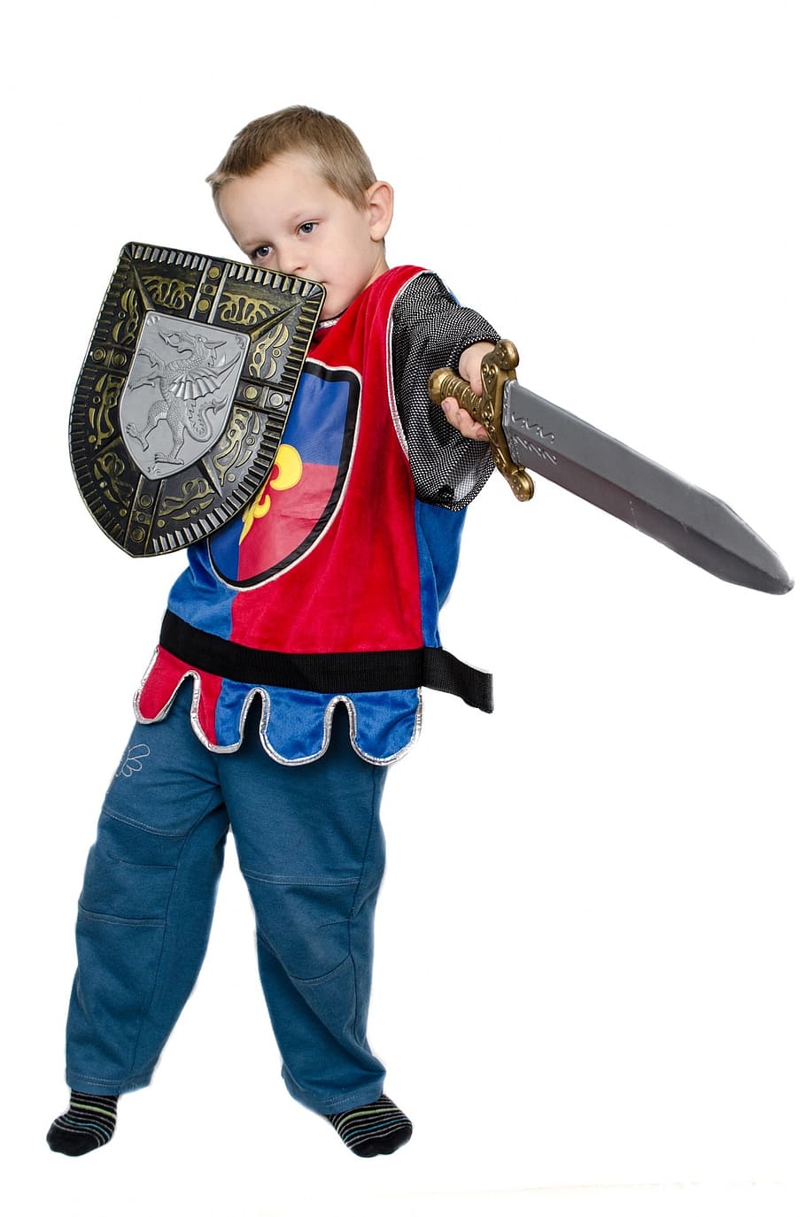 boy, holding, sword, shield costume, child, baby, kid, bairn, binoculars, little one