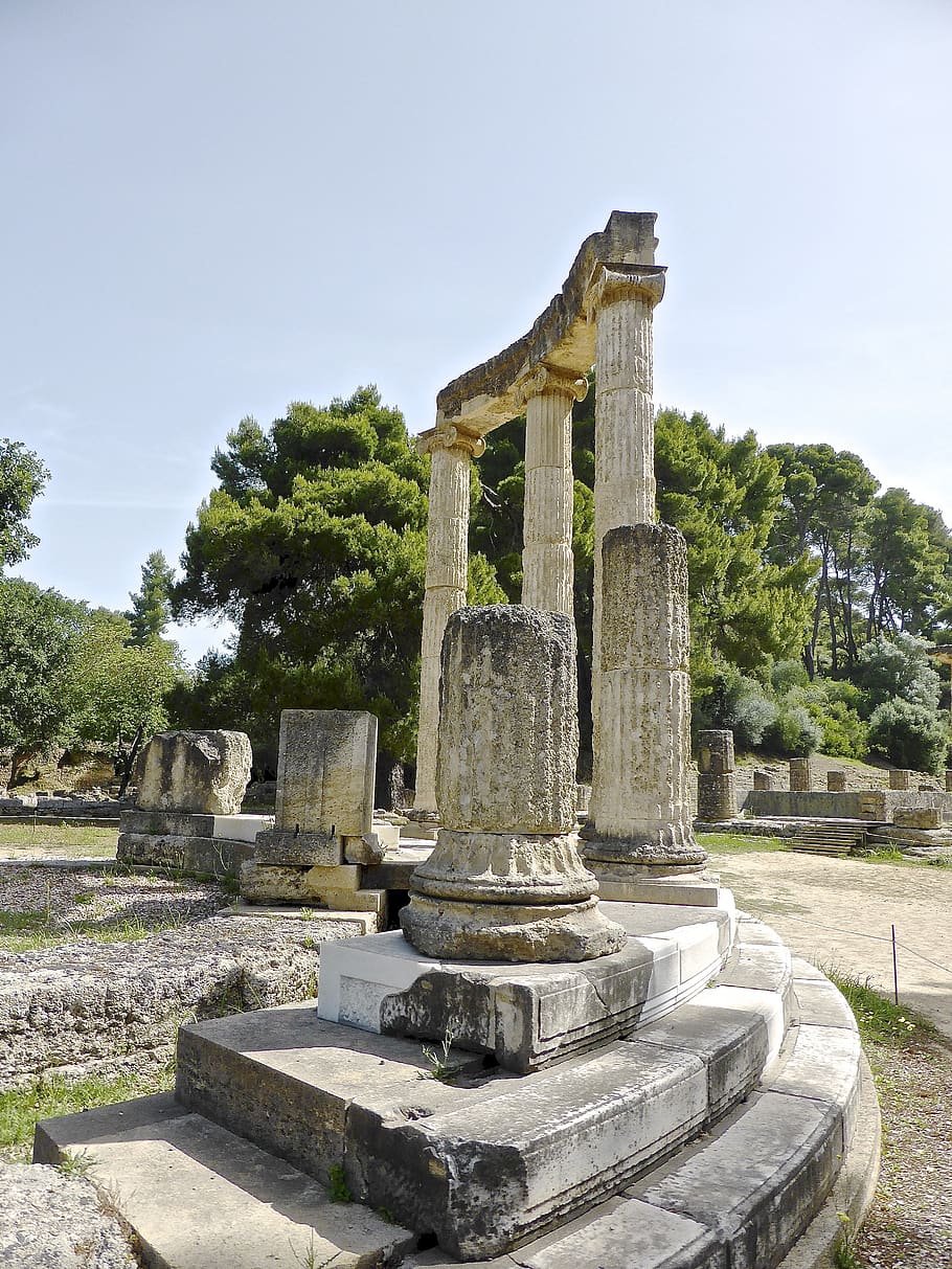 columns, olympia, corinthian, stone, archeology, classical, ruin, greece, historic, monument