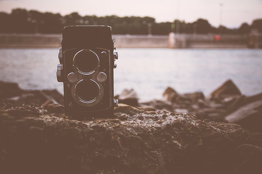 vintage, black, camera, rock, body, water, distance, focus, photography, mm