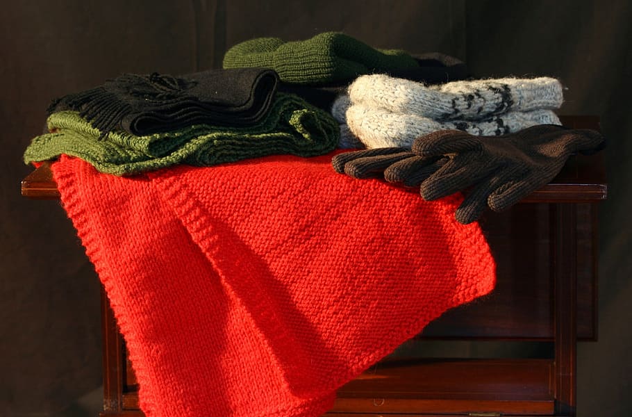 assorted, colored, textile, brown, desk, winter clothes, hats, gloves, mittens, scarves