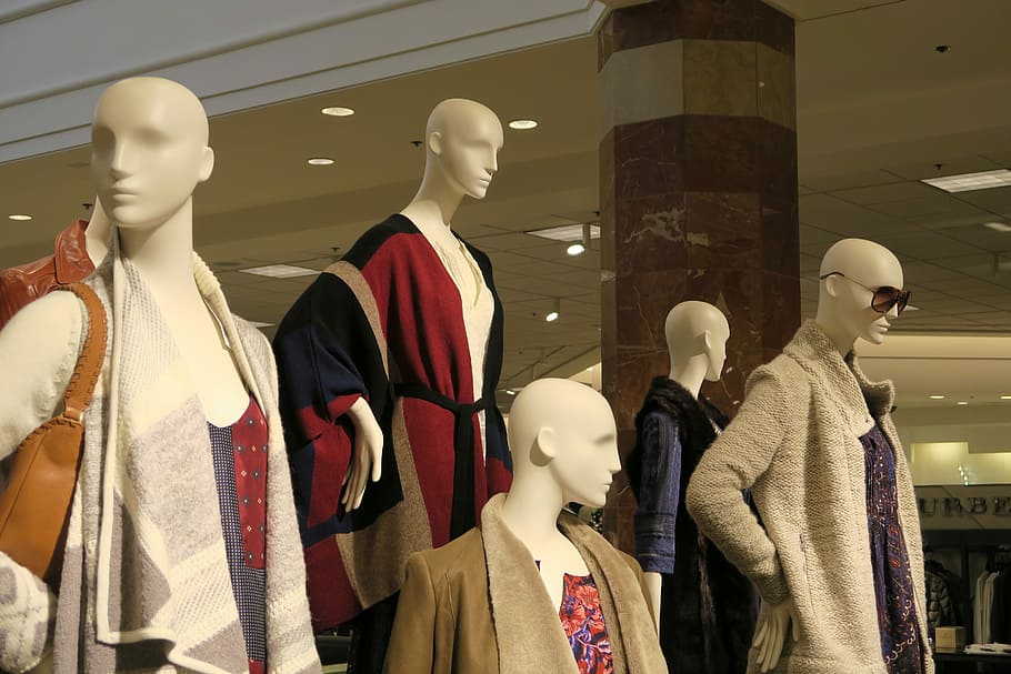 five, female, wearing, tops, Department Store, Mannequin, Shopping, store, retail, indoors