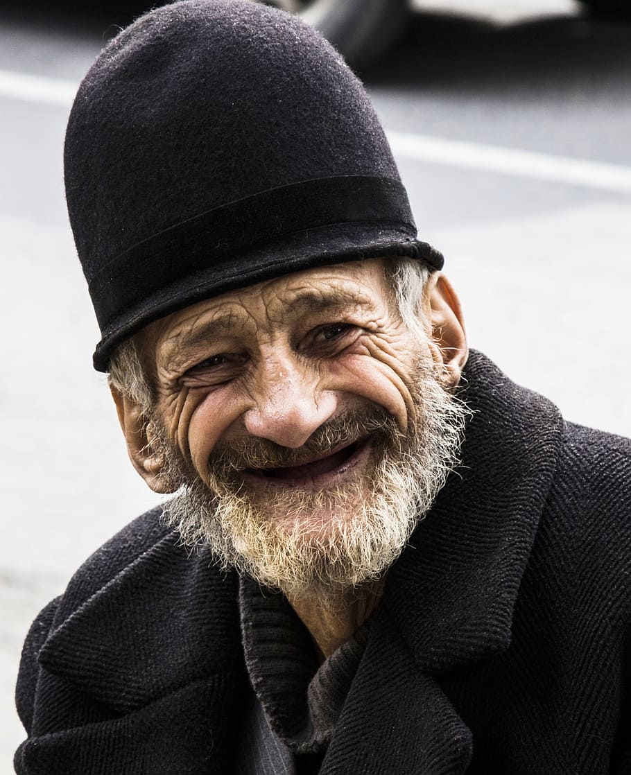 man, wearing, black, coat, hat, old man, portrait, male, happy, smiling