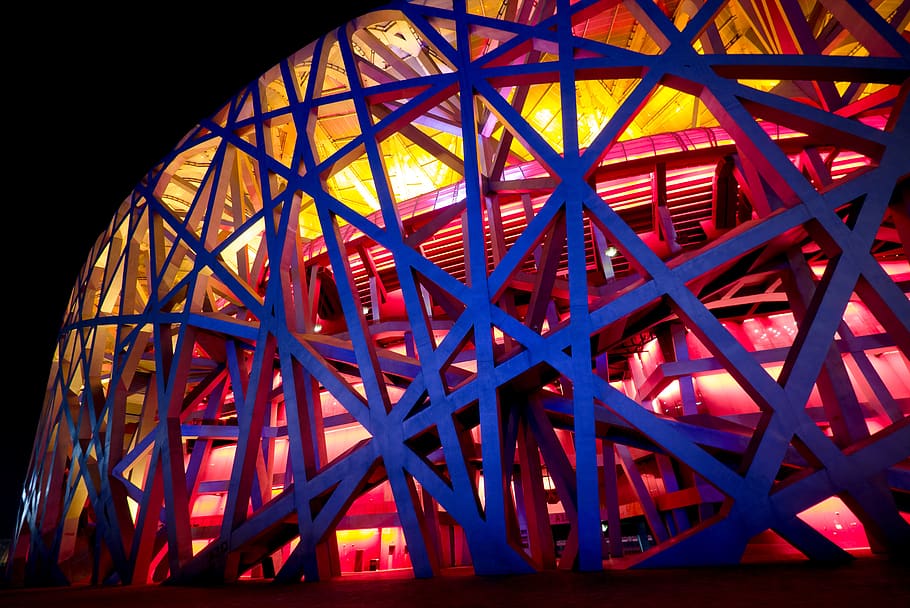 china, olympic stadium, birds nest stadium, beijing, architecture, illuminated, built structure, night, multi colored, connection