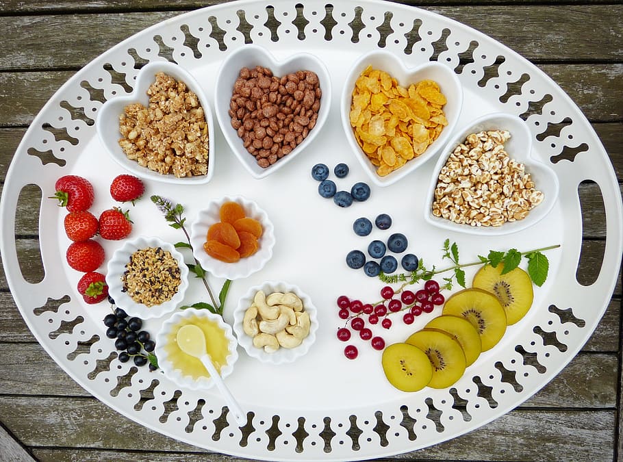 white, ceramic, plates, nuts, tray, breakfast, muesli, fruit, fruits, bowls