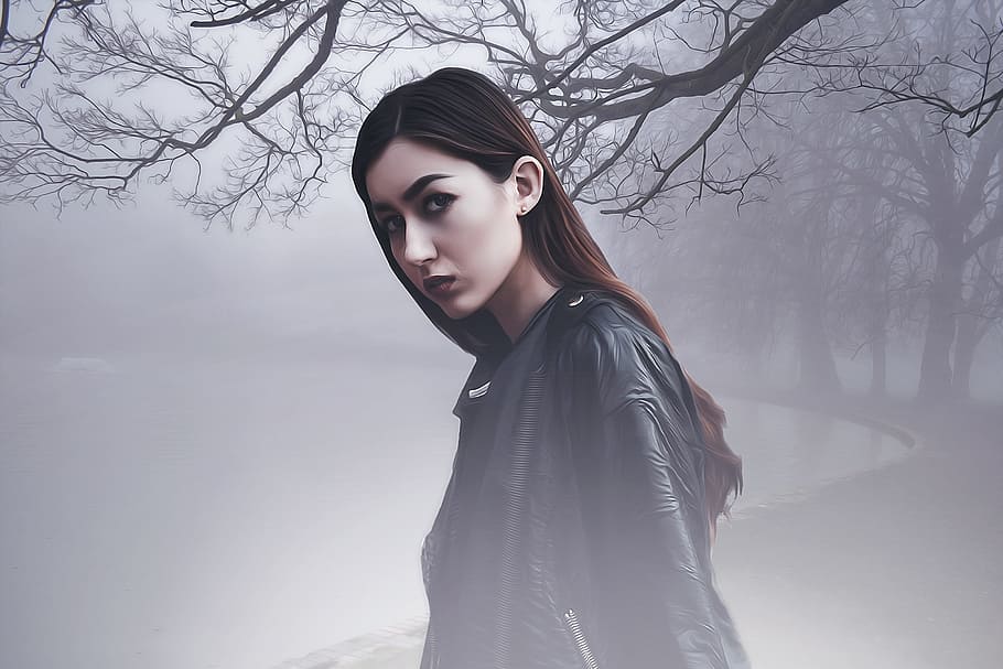 woman, wearing, black, leather jacket, standing, dark, foggy, forest, female, young