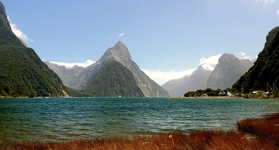 Milford Sound, Nueva Zelanda, islotes, calma, mar, cielo, montaña, agua, belleza en la naturaleza, paisajes - naturaleza