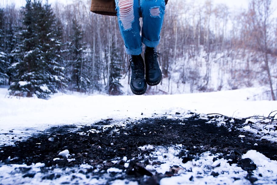 jump, jumping, winter, snow, boots, ripped jeans, denim, outdoors, cold temperature, low section