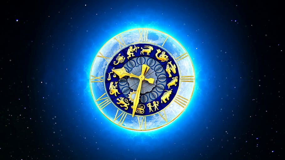 jam tanda zodiak, Zodiac Sign, Starry Sky, Clock, Moon, biru, waktu, berwarna emas, kuno, tidak ada orang