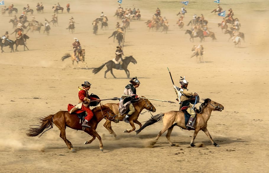 grupo, pessoas, equitação, cavalos, arenoso, área, cavalo, mongólia, guerreiro, guerra