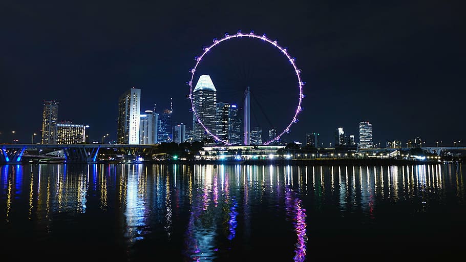 london eye, singapore, ferris wheel, big wheel, river, skyline, building, water, night, skyscraper