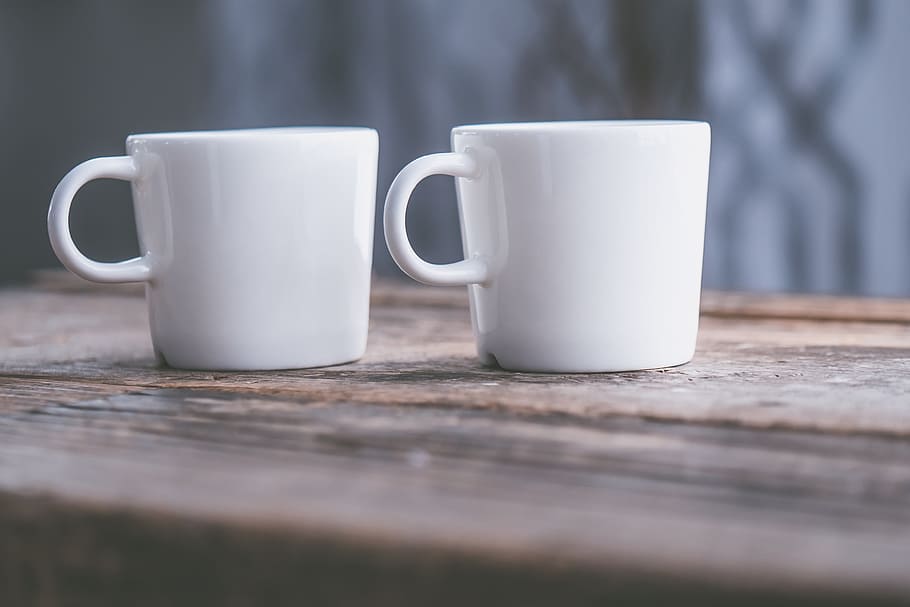 two, white, ceramic, mugs, blur, ceramic cup, close-up, coffee cup, cups, depth of field