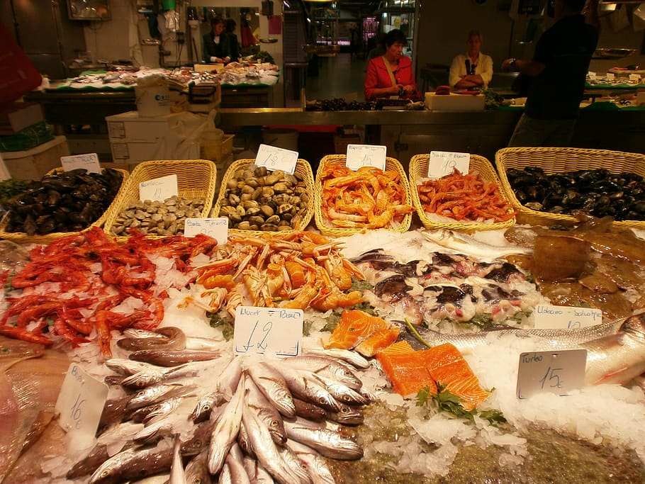 fishmonger, fish, market hall, barcelona, fish stand, fresh, market, sale, food and drink, choice