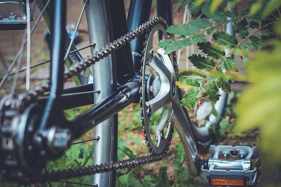 selective, focus photography, black, bike, stainless, steel, near, trees, still, items