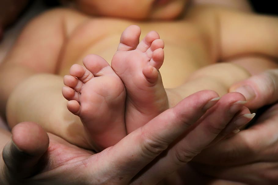 persona que lleva al bebé, pies del bebé, diez, bebé, pies, recién nacido, niño pequeño, renacido, humano, joven