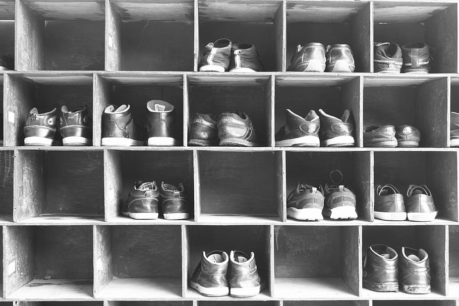 grayscale photo, pair, shoes, shoe boxes, Shoe, Rack, Black And White, shoe rack, stack, level