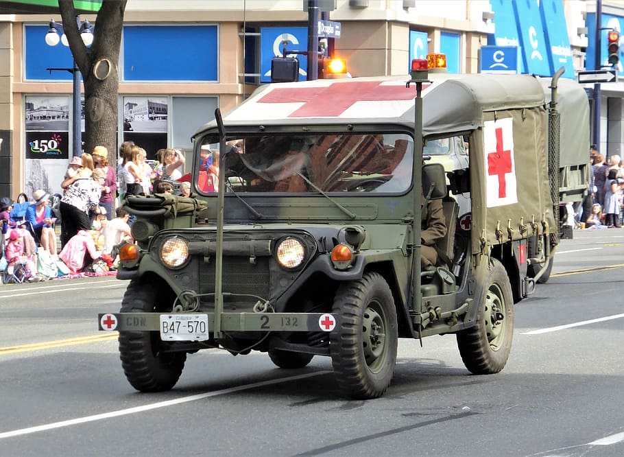 vehículo, jeep, ambulancia, cruz roja, guerra, veterano, desfile, auto clásico, transporte, modo de transporte