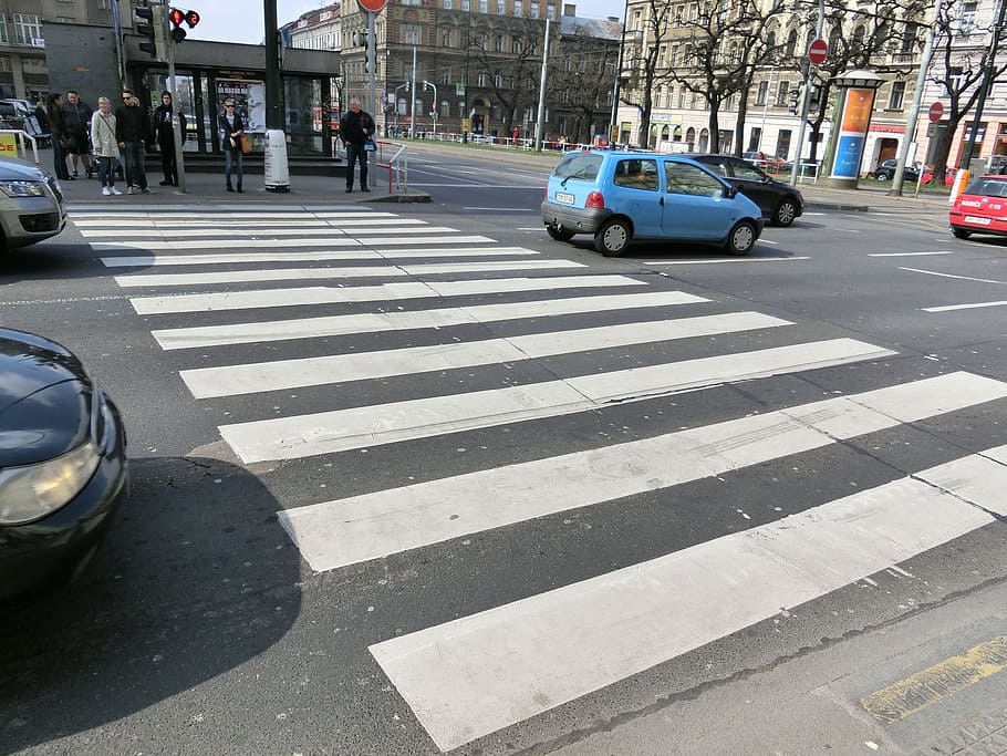 vehicles, building, daytime, zebra crossing, road, city, crossing, cross, pedestrian crossing, transportation