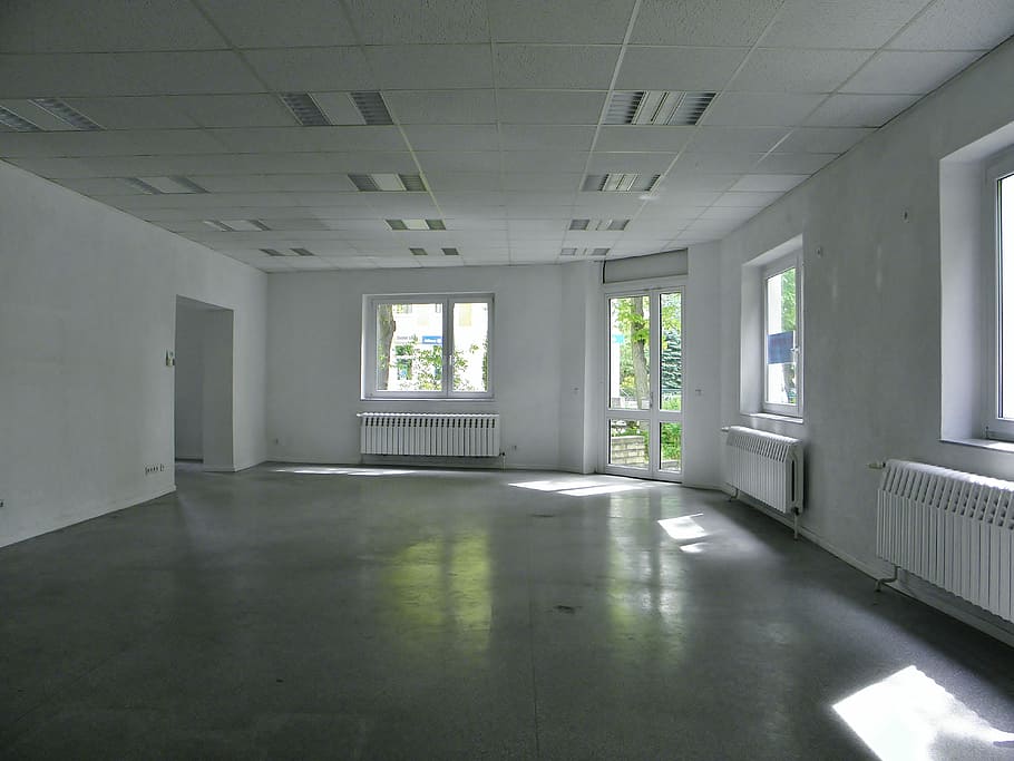 blanco, gris, hormigón, sala, música, espacio, vacío, moderno, renovado, en el interior