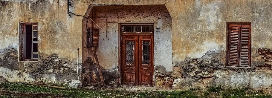 오래 된 집, 버려진, 부패, 깨진, 그런 지, 손상, 풍 화, 지저분한, xylofagou, 키프로스