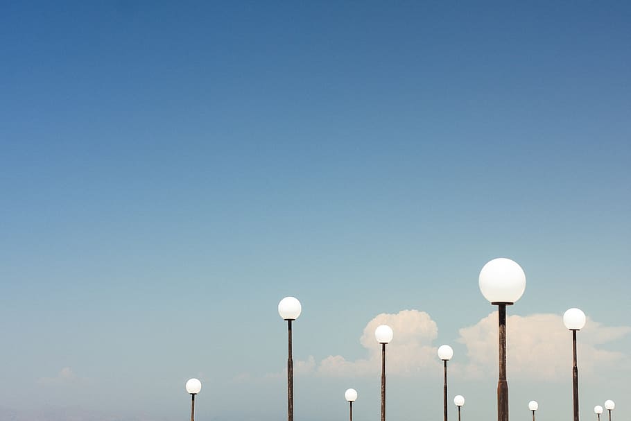 pole, light, bulb, sky, cloud, clear sky, blue, copy space, nature, architecture