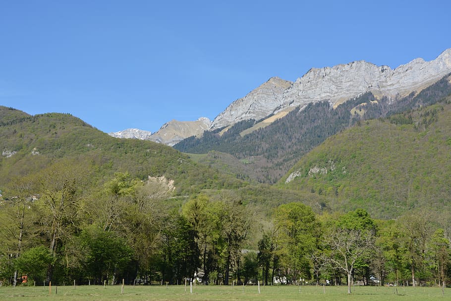 landscape mountain, haute savoie, annecy, blue sky, spring, landscape, nature, tourism, alps, mountainous