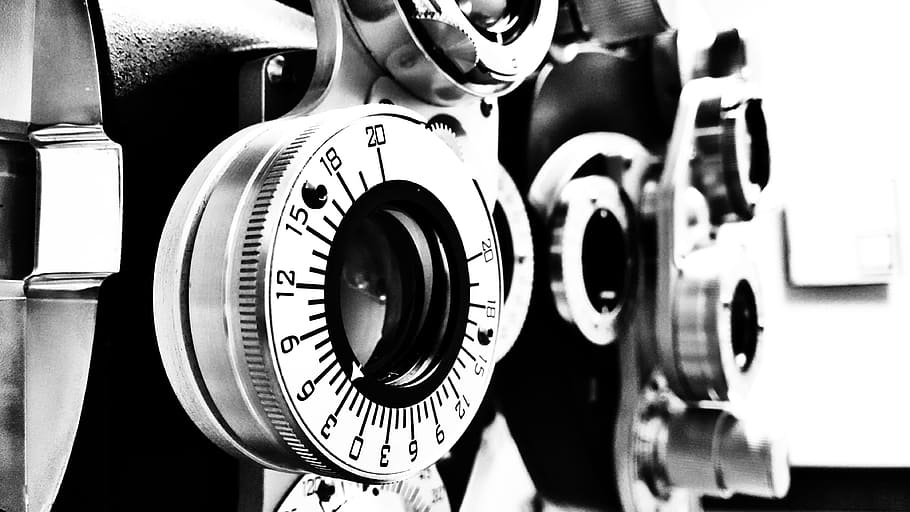 grayscale photo, phoropter, lens, optometrist, black and white, glass, glasses, intricate, medical, eyes