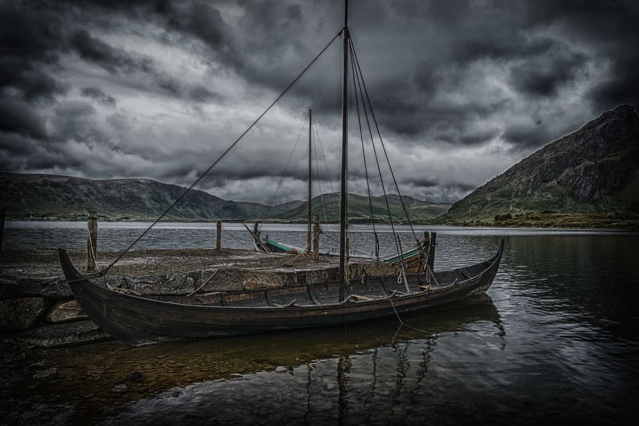 gray, boat, body, water, boot, norway, lofoten, scandinavia, ship, viking