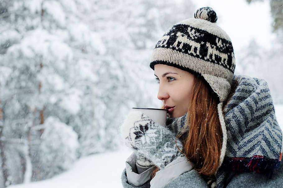 girl, young, beautiful, white, woman, snow, winter, park, forest, snowdrift