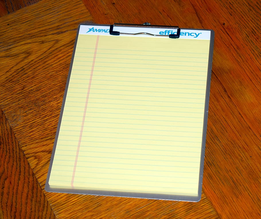clipboard, office supplies, stationary, table, paper, copy space, wood - material, indoors, blank, lined paper