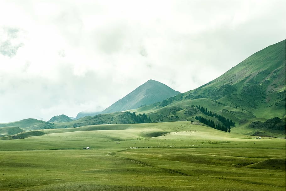 foto, hijau, bidang rumput, gunung, berawan, langit, siang hari, pemandangan, bukit, lembah