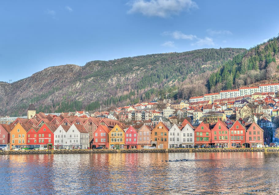city buildings, norway, bergen, coast, scandinavia, architecture, reflection, mountain, sky, city