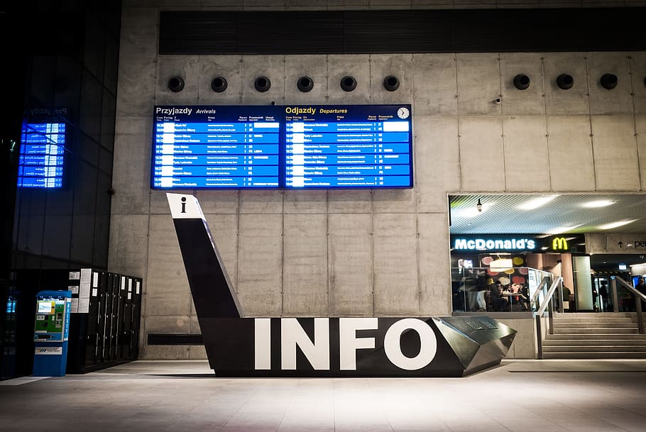 black info standee, railway station, information, katowice, an array of, poland, architecture, city, buildings, text