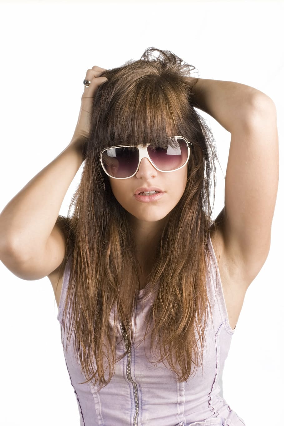 woman, pink, tank, top, wearing, white, frame sunglasses, model, female, girl