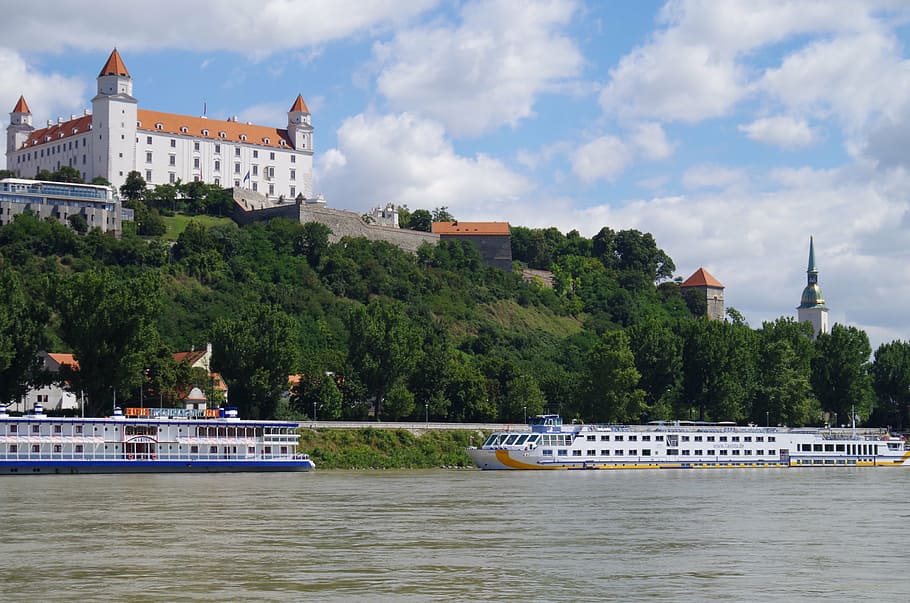 bratislava, slovakia, castle, water, architecture, built structure, tree, plant, building exterior, waterfront