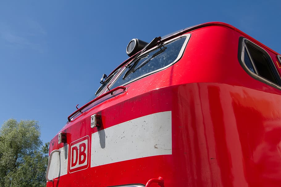 railway, loco, diesel locomotive, locomotive, deutsche bahn, db, windshield wipers, spotlight, red, mode of transportation