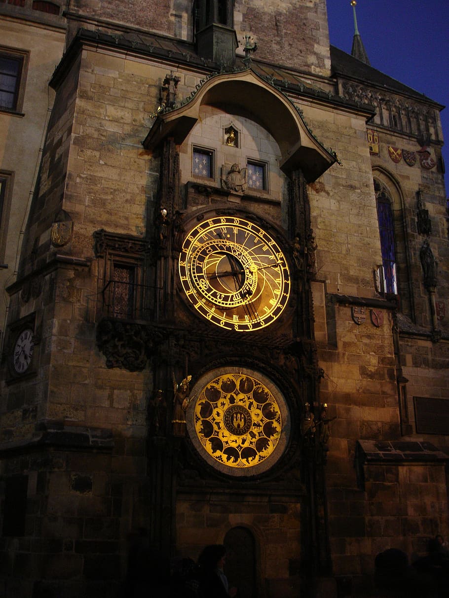 prague, the astronomical clock, night, old town hall, clock, architecture, built structure, building, building exterior, clock tower