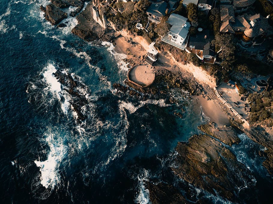 aerial, photography, houses, beach, day, sea, ocean, blue, water, waves