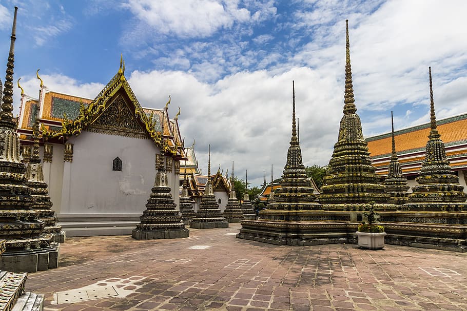 reruntuhan, bangkok, langit biru, thailand, tua, kuil, nama resmi wat pho adalah wat phra chetuphon vimolmangklararm rajwaramahaviharn, arsitektur, agama, kepercayaan