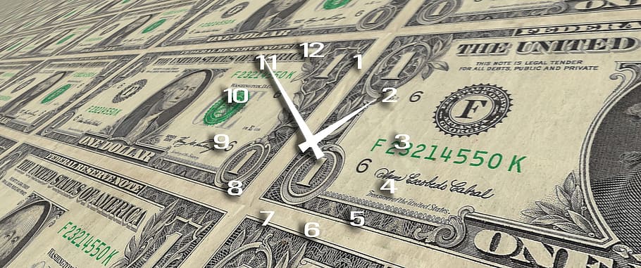1, nosotros, reloj de pared impreso en dólares, reloj, tiempo, el tiempo es dinero, forex, dólar, finanzas, crisis financiera