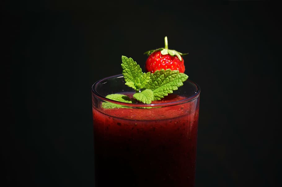 red, liquid, filled, clear, strawberry, smoothie, fruit, beverage, drink, health