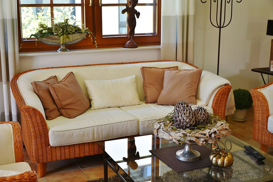 brown, wicker couch, white, cushions, throw, pillows, living room, country house, furniture, home
