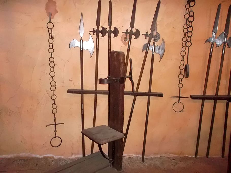 medieval, torture, chains, arms, metal, wall - building feature, hanging, indoors, architecture, chain