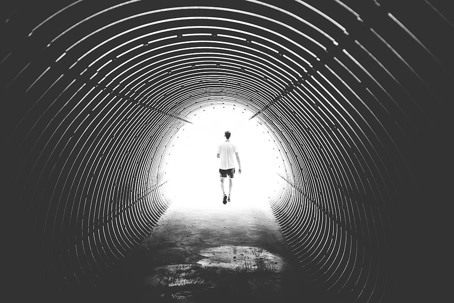 black and white, people, man, walking, light, underground, tunnel, light at the end of the tunnel, architecture, full length