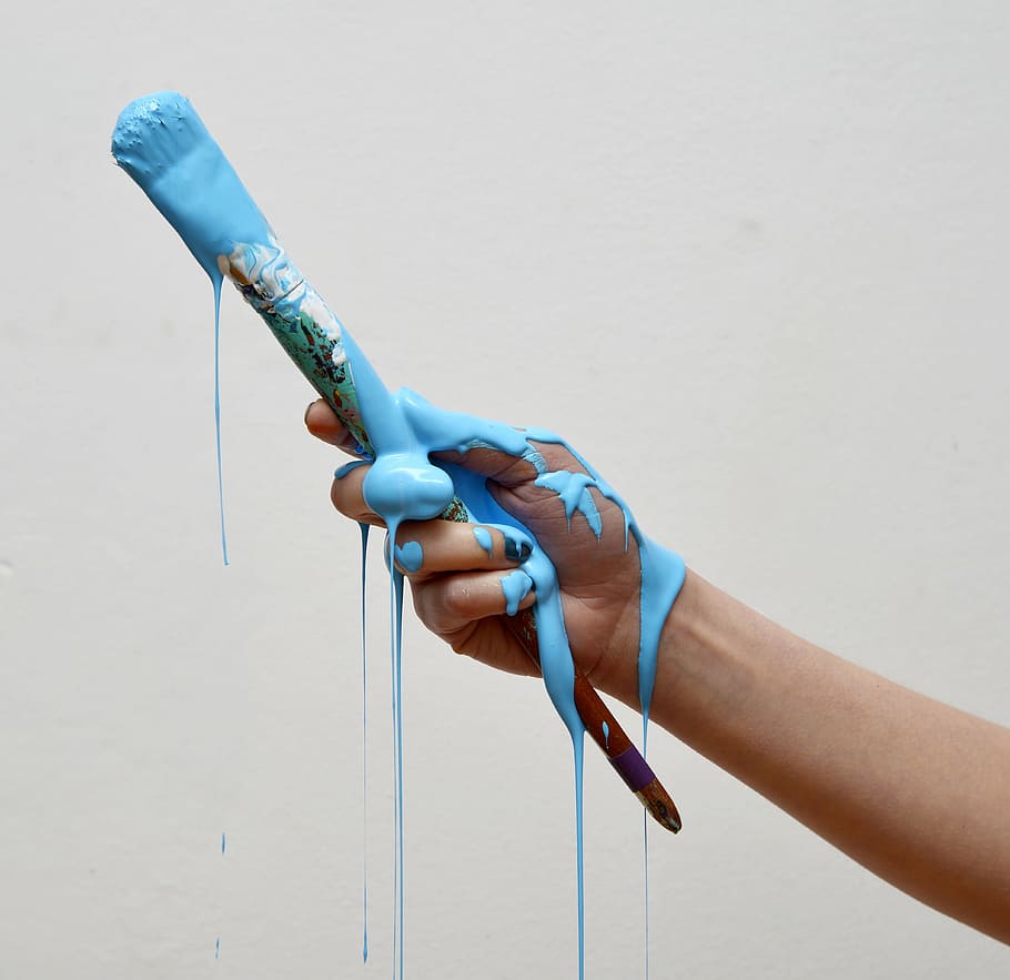 person, holding, paint brush, painting, the hand, paint, hand, brush, blue, color