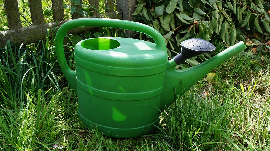 regador, água, jardim, plástico, irrigação, fundição, jardinagem, verão, vaso, cor verde