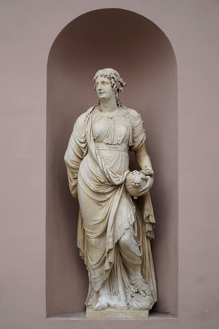 mujer, tenencia, estatua de jarrón, estatua, figura, escultura, figura de piedra, pared, art, antiguo