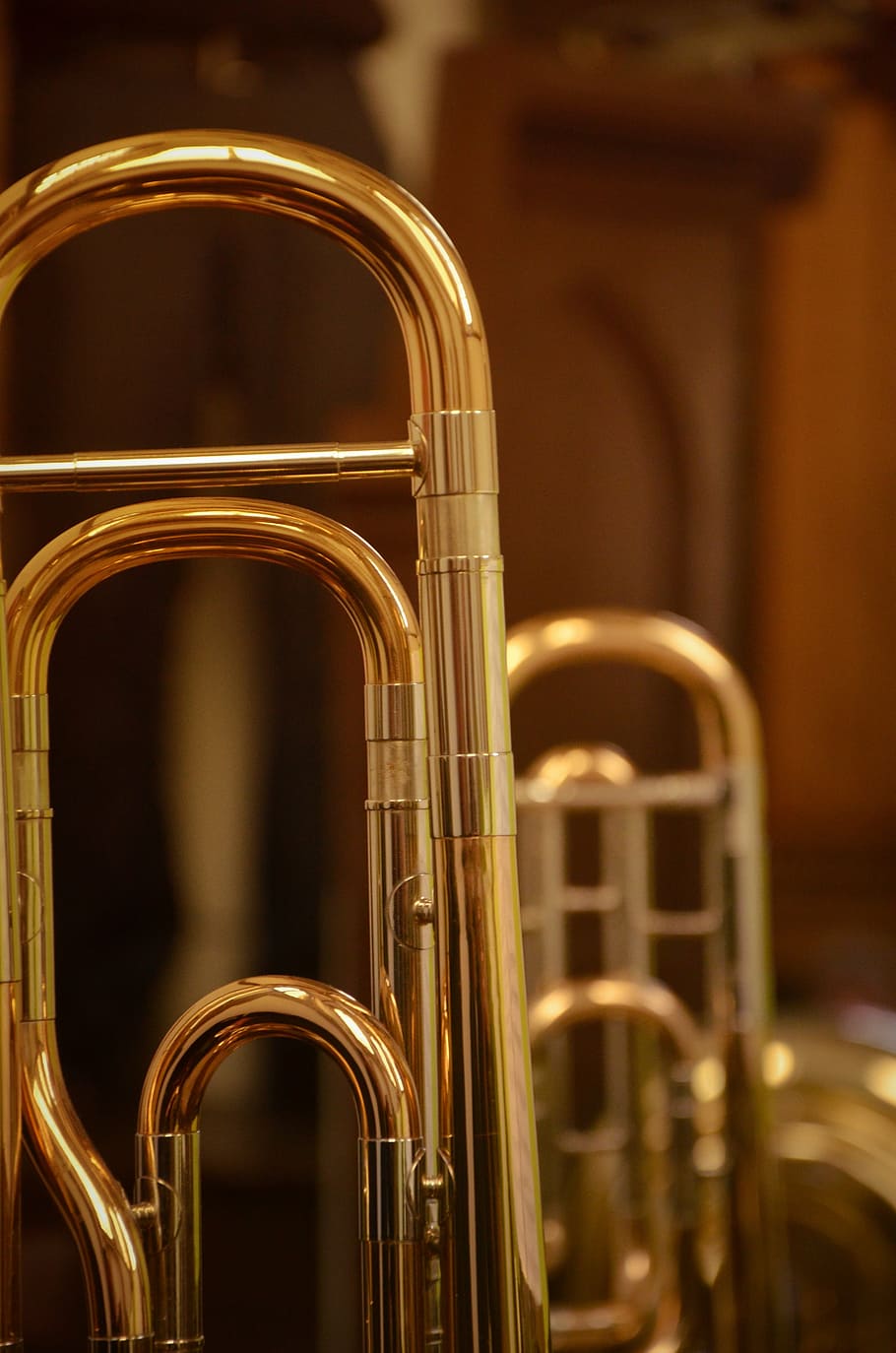 brass-colored wind instruments, trombone, trumpet, close, instrument, brass, golden, wind instrument, brass band, classic